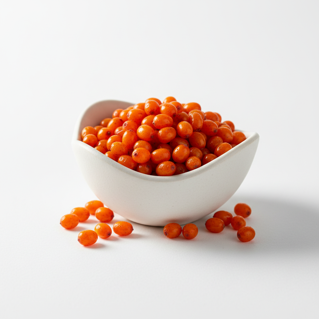 Wild-harvested sea buckthorn dry berries in a ceramic bowl on white background
