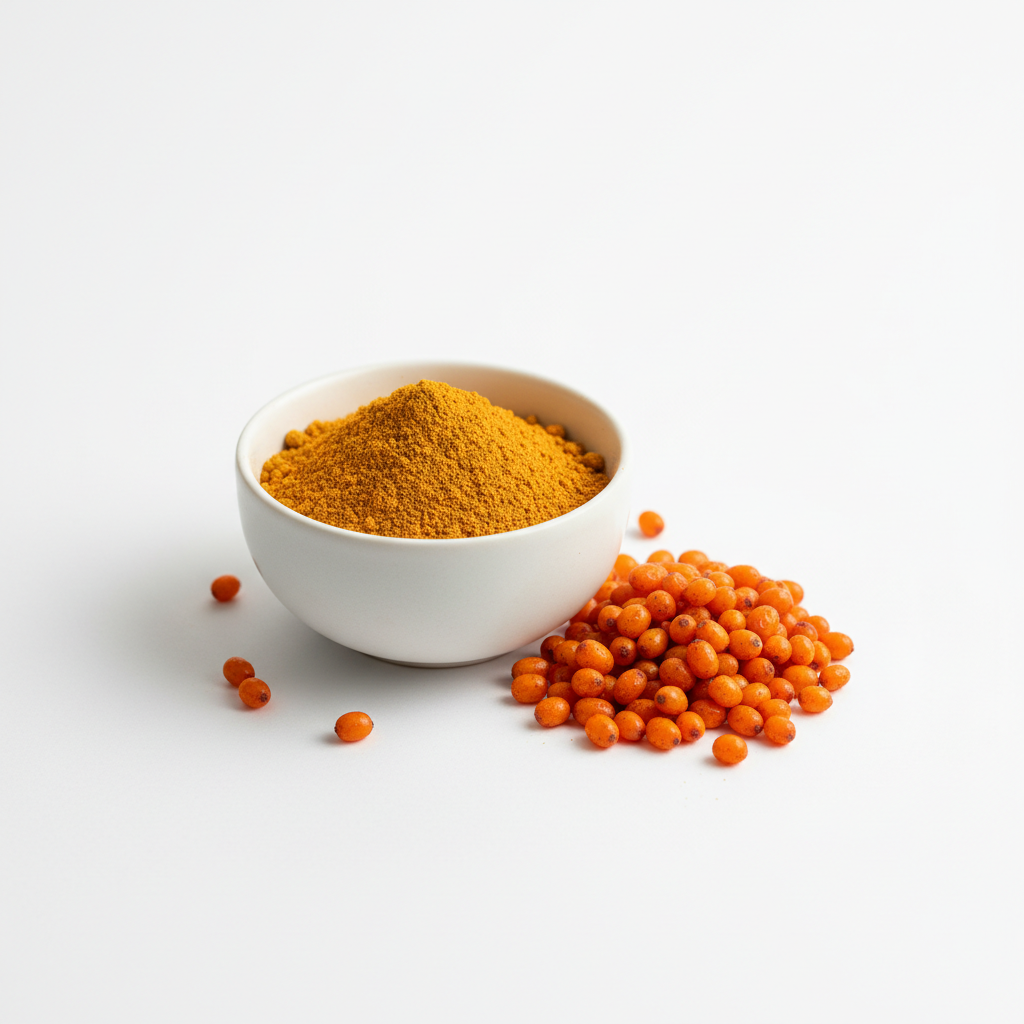 Sea buckthorn berry powder in a white bowl with dried berries on white background