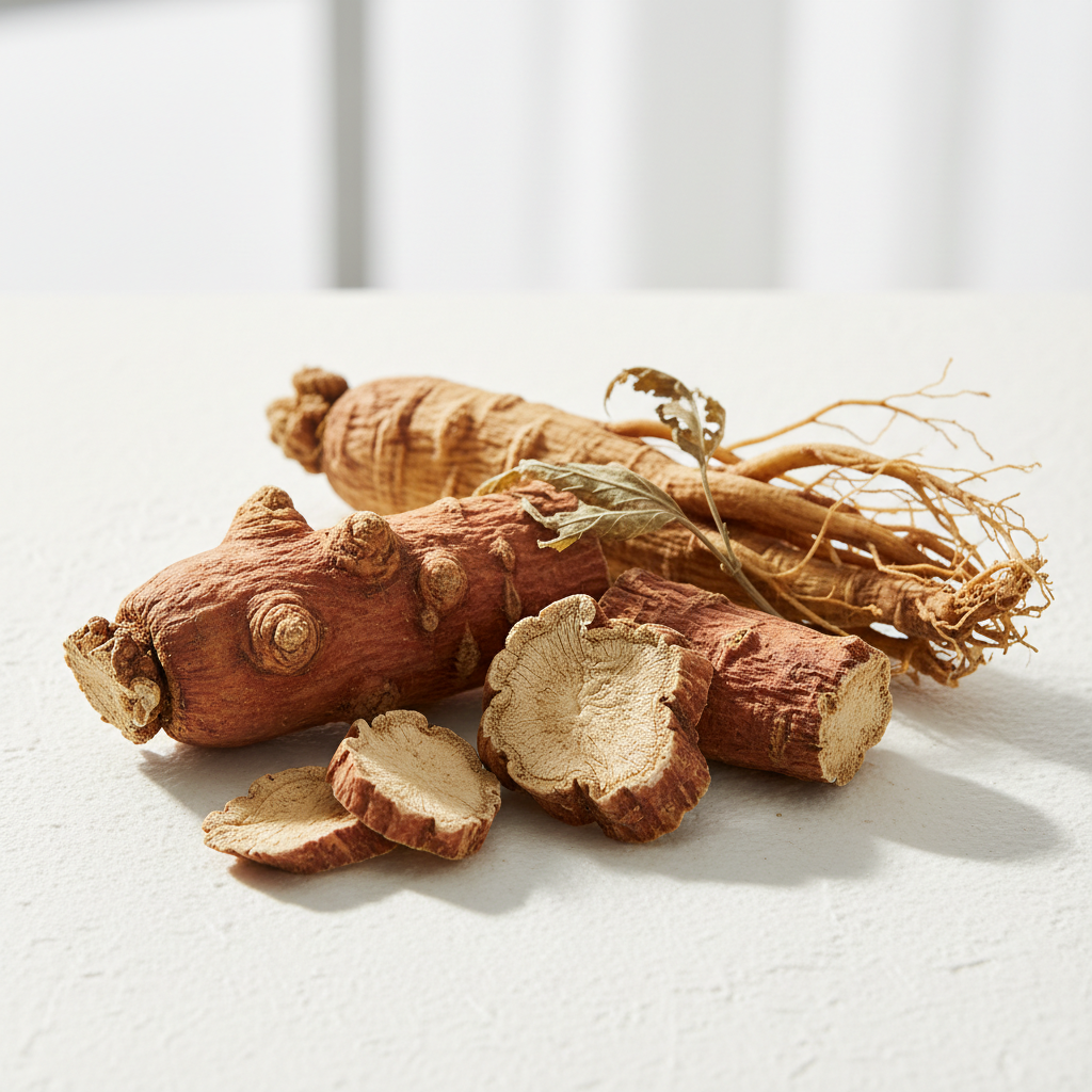 Korean red ginseng root pieces on white background
