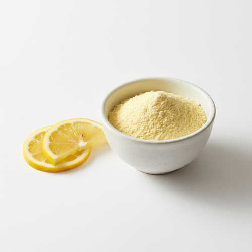 Organic Lemon Peel Powder in a white ceramic bowl with fresh lemon slices – Roots 4 Ever
